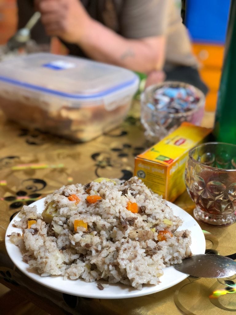 traditional Mongolian meal of rice, beef and vegetables